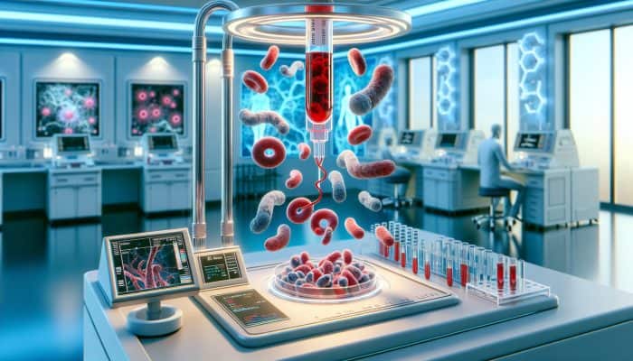 Illustration of Lyme disease blood test showing antibody reaction to Borrelia bacteria in a modern Fleet healthcare facility.