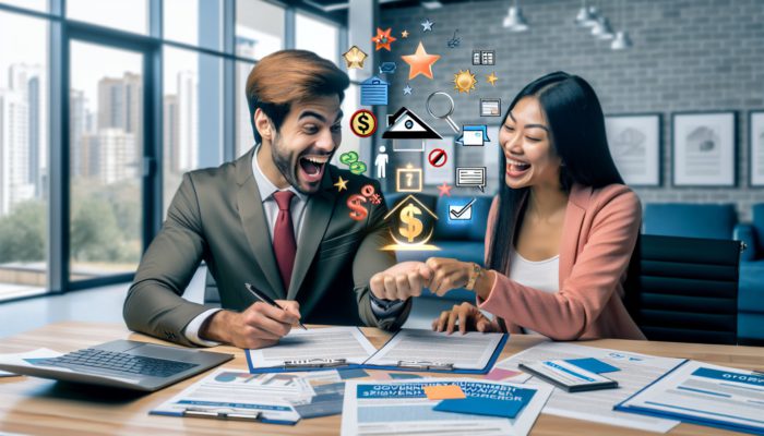 A first-time buyer signs mortgage papers at a bank, surrounded by government subsidy documents and lender offers.