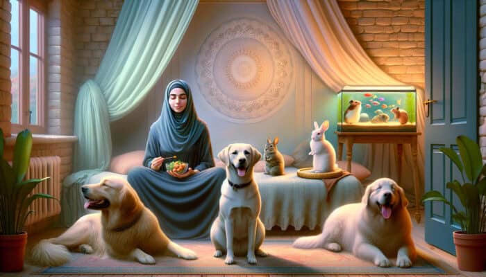 A person with various pets including a dog, cat, rabbit, hamster, and fish in a cozy room.