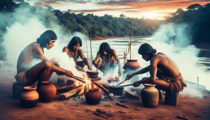 Indigenous people using traditional smoking methods and cooking over an open fire, surrounded by nature.