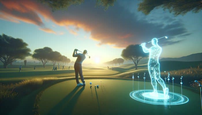 Golfer practicing swings at sunset on a serene course, guided by a holographic instructor.