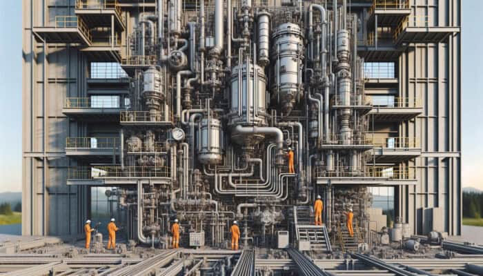 Technicians servicing a modern boiler cross-section in an industrial setting in Ladner, Delta.