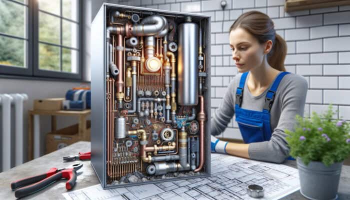 A technician repairing leaks from corroded pipes and faulty valves in a boiler cross-section at a Ladner home.