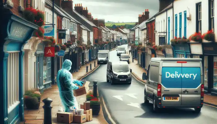 A bustling street in Alnwick featuring pharmacies, medical supply stores, and delivery vans for latex gloves.