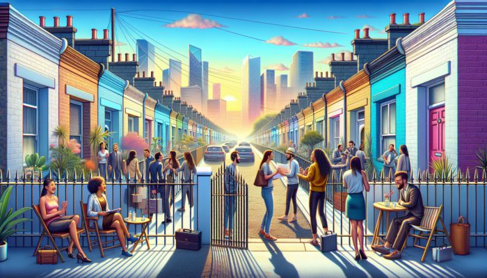 A vibrant East London street with modern gated homes, first-time buyers and experts discussing under a clear sky.