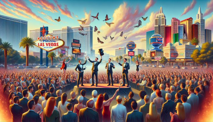 Magicians performing at iconic Las Vegas venues during the day, with an enthusiastic crowd and skyline.