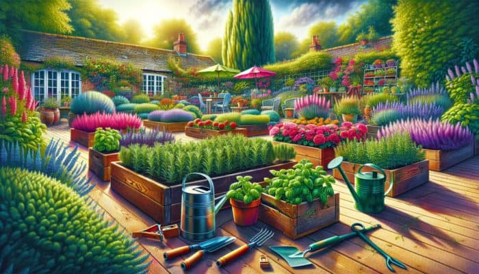 A vibrant UK garden showcasing rosemary, basil, and mint beds, surrounded by gardening tools in a sunny setting.