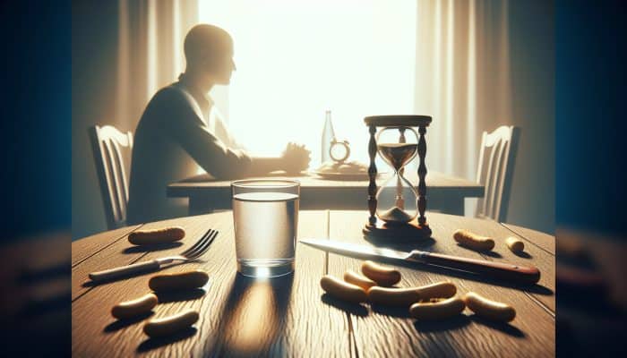 Individual fasting for cholesterol test, surrounded by water, a clock showing early morning, and empty containers nearby.