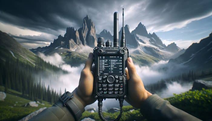 Survival Radio Options: Rugged handheld radios with antennas used by hikers and emergency responders in a wilderness setting.