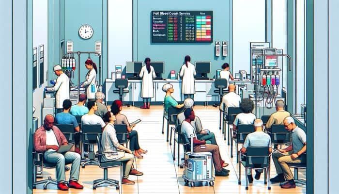 A bustling health clinic in Chadderton with patients awaiting full blood count services, featuring modern medical equipment and friendly staff.