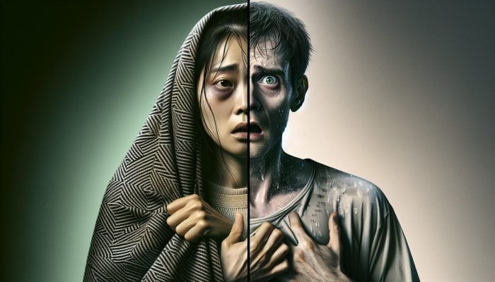 A split image showing symptoms of hypothyroidism on the left and hyperthyroidism on the right.