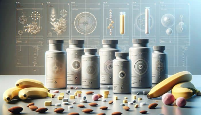 Close-up of supplement bottles with dosage and timing labels, surrounded by magnesium and potassium-rich foods on a kitchen counter.