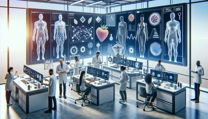 A state-of-the-art lab equipped with advanced technology for precise food intolerance testing, showcasing diverse individuals receiving personalized dietary advice.