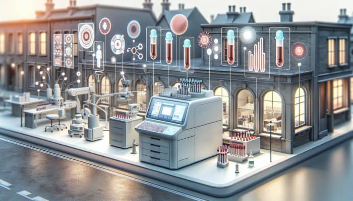 Modern laboratory in Farnworth with automated analyzers processing samples, displaying rapid results on screens.