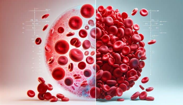 Illustration of ferritin levels in blood, depicting normal and low levels along with differences in red blood cells.