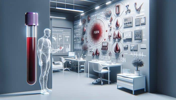 Illustration of ferritin blood test in a UK clinic, emphasizing the diagnosis of iron deficiency and overload.