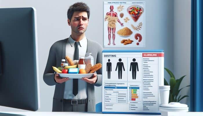 A person dealing with digestive issues and fatigue, confused, holding gluten and dairy food, near a food intolerance test kit in a clinic.