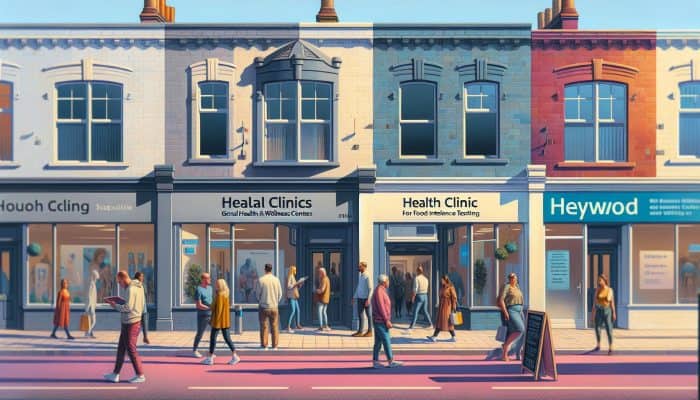 A busy street in Heywood with signs for clinics providing food intolerance testing, people coming and going.