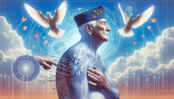 A serene veteran receiving acupuncture, surrounded by doves and clear skies, symbolizing peace and mental clarity.