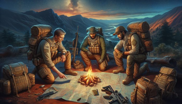 Survival experts discussing strategies around a campfire in rugged wilderness during the night.