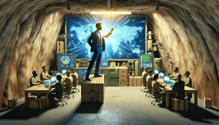 Confident prepper team leader in a bunker, directing and inspiring members with a strategic map.
