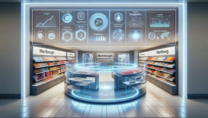 A vibrant Marlborough store with diverse products and a floating digital platform showing analytics.