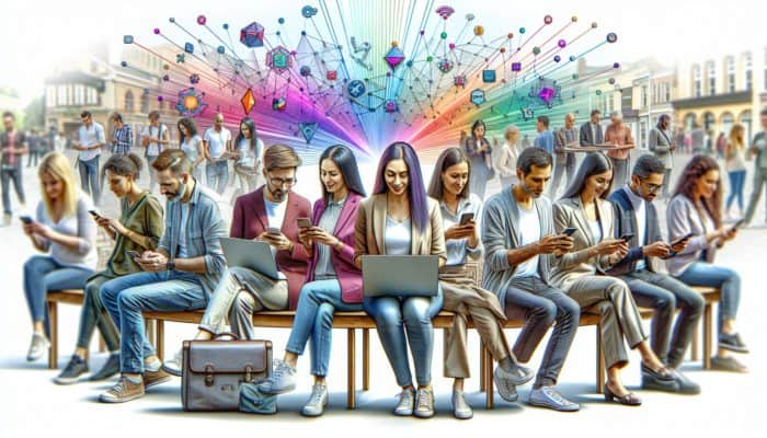 Local business owners in Keynsham using social media on smartphones and laptops to engage with the community.