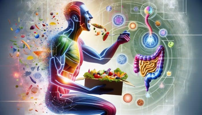 Individual enjoying a vibrant meal, surrounded by digestive system illustrations and health symbols.