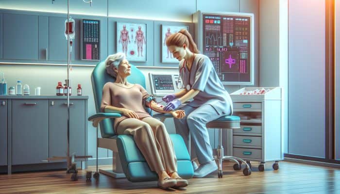 A patient in a serene clinic setting having blood drawn from their arm by a nurse, minimal discomfort.