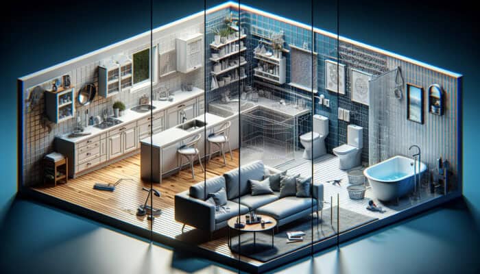 A clean kitchen, bathroom, and living room in a well-organized rental, focusing on prioritized cleaning areas.