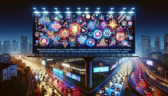 A vibrant digital billboard displaying event posters and ticketing system icons in a bustling cityscape at night.