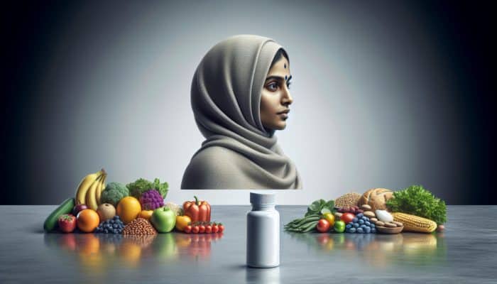A person choosing between colorful whole foods and a lone multivitamin bottle, illustrating dietary health choices.