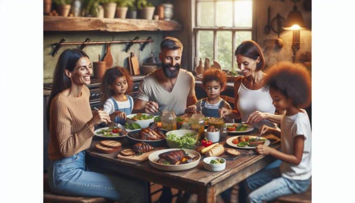 Family Enjoying a Paleo-Friendly Dinner of Grilled Meats and Roasted Vegetables at a Rustic Table.