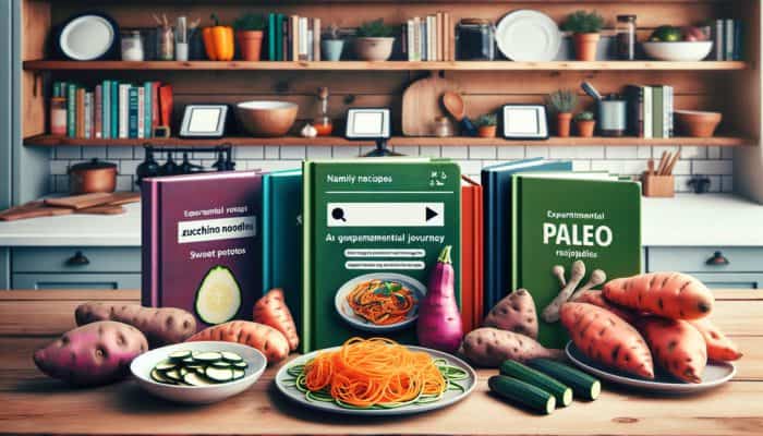 A Family Kitchen Featuring Zucchini Noodles, Sweet Potatoes, and Paleo Recipe Books on the Table.