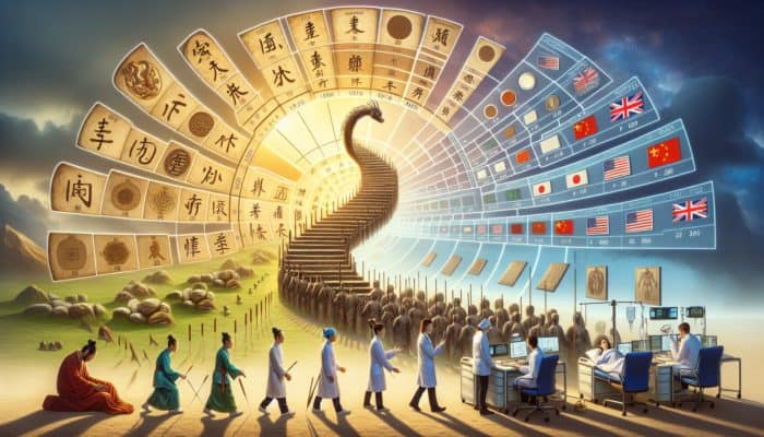 Historical tapestry showing acupuncture's evolution in the UK, from Roman times to modern healthcare.