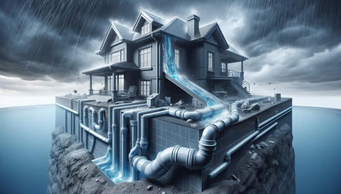 Downspout Drainage Services in Richmond: Illustration of a downspout drainage system effectively redirecting water from a building's foundation during a storm.