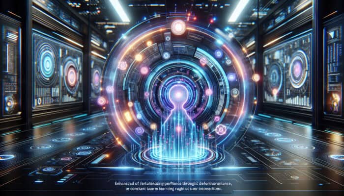 Futuristic virtual assistant interface with glowing feedback loops in a neon-lit environment.