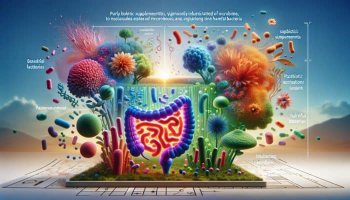 A vibrant gut ecosystem nurtured by postbiotic supplements, balancing beneficial and harmful bacteria.