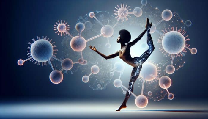 A woman gracefully stretching, surrounded by luminous collagen molecules, with soft light illuminating her skin.