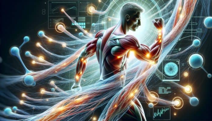 Illustration of collagen fibers repairing muscle tissue, enhancing flexibility and strength, featuring an athlete in motion.