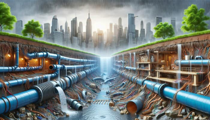 Sewer Repair Services in Port Moody: Cross-section of Port Moody sewer system illustrating root intrusion, corrosion, blockages, cracks, sagging, and improper installations during heavy rain.