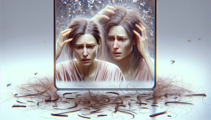 A new mother looking concerned at her thinning hair in a mirror, surrounded by fallen strands, depicting postpartum hair loss.