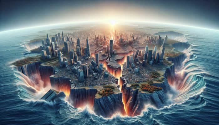 Earthquake-Proofing Home: Tectonic plates colliding and sliding, causing seismic waves and ground shaking in a city along the Pacific Ring of Fire.