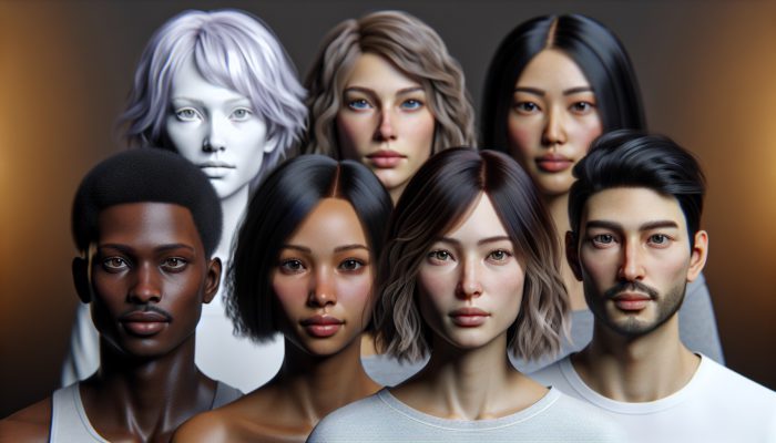 A diverse group showcasing hairstyles designed for different face shapes: layered cuts, elongating styles, balanced looks.