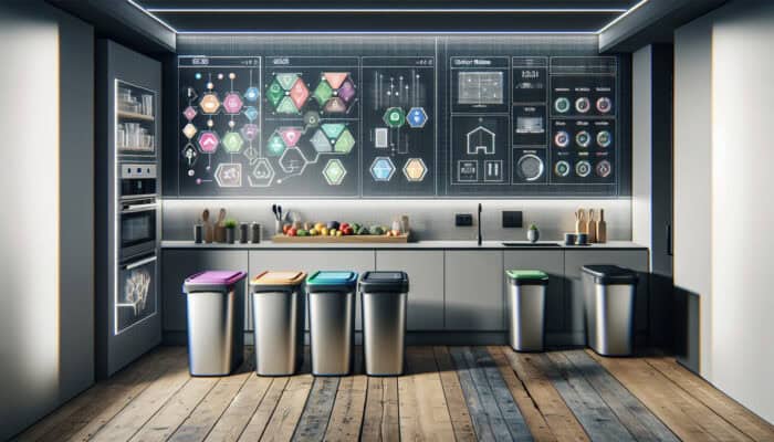 A modern UK kitchen featuring a high-tech waste sorting system, equipped with colour-coded bins and a digital display.