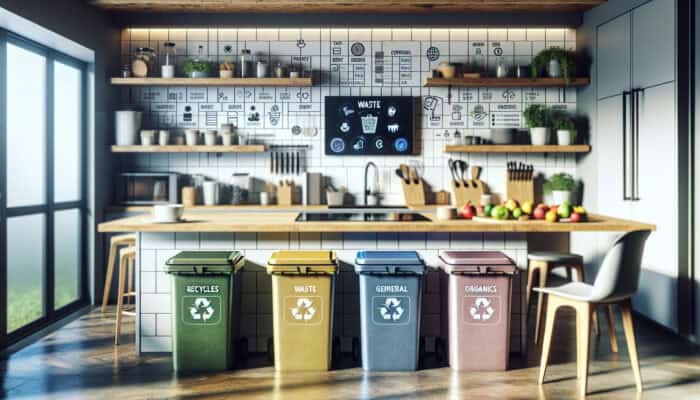 Contemporary UK kitchen featuring colour-coded bins, a compost bin, a shredder, smart bins, and a waste sorting application displayed on a tablet.