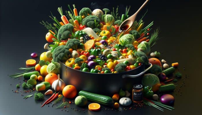 Vegetables steaming with herbs, citrus peels, spices, soy sauce, and wine for enhanced flavour.