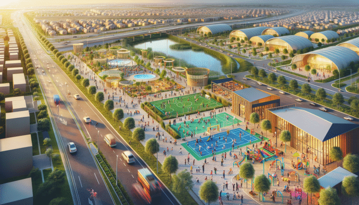 A vibrant Mahikeng neighbourhood with new parks, recreational centres, and improved transport, fostering family and community interactions.