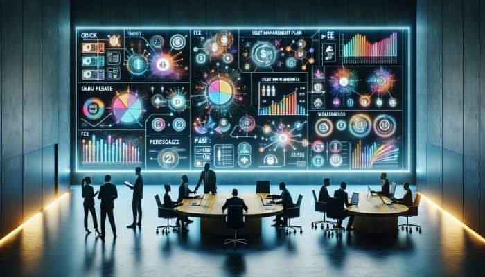 Emerging Debt Consolidation Startups: Revolutionising Finance | DCL Emerging Debt Consolidation Startups: A modern office with diverse professionals using advanced technology for personalized debt management and financial wellness, with a transparent fee chart.