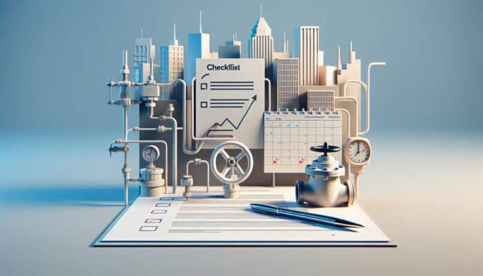 Checklist for scheduling backflow testing with calendar, pen, and water valve against Port Coquitlam skyline.